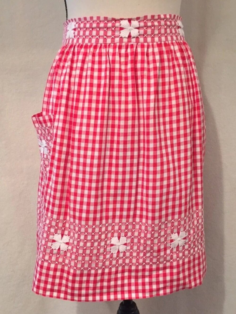 Vintage hand made red & white gingham check half apron